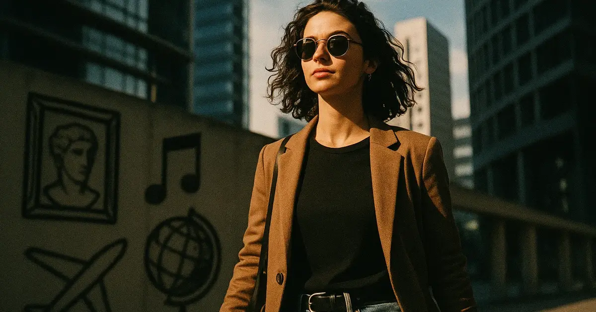 Persona carismatica che cammina in città simbolo di indipendenza e stile globale rappresentazione visiva dei tratti psicologici della coolness