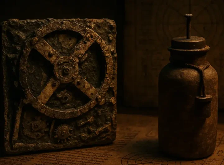 Antico e complesso meccanismo di Antikythera in primo piano