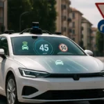 Auto a guida autonoma su strada urbana italiana con sensori e HUD digitale