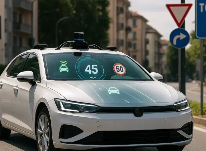 Auto a guida autonoma su strada urbana italiana con sensori e HUD digitale