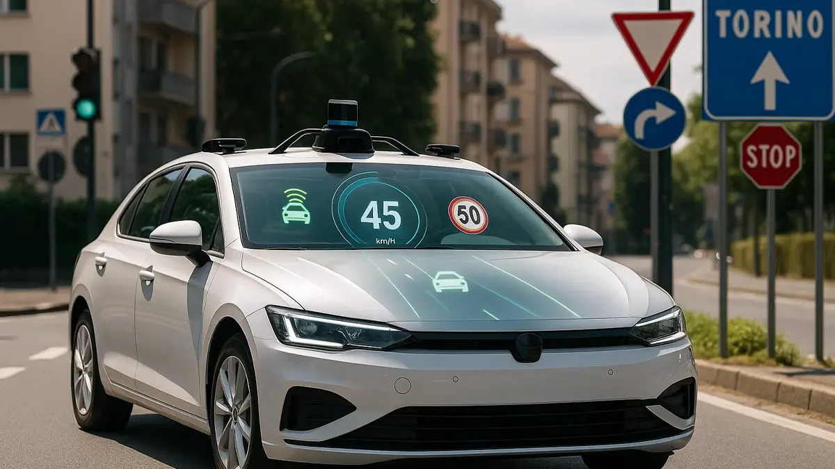 Auto a guida autonoma su strada urbana italiana con sensori e HUD digitale