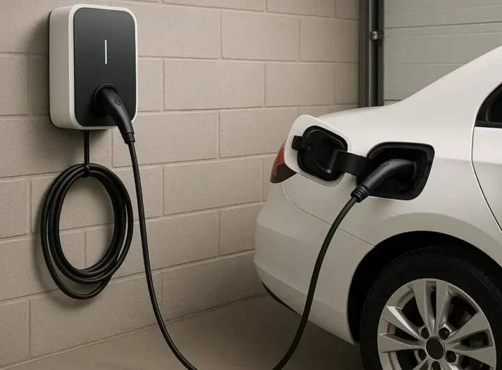 Auto elettrica in carica da wallbox domestica in un garage moderno