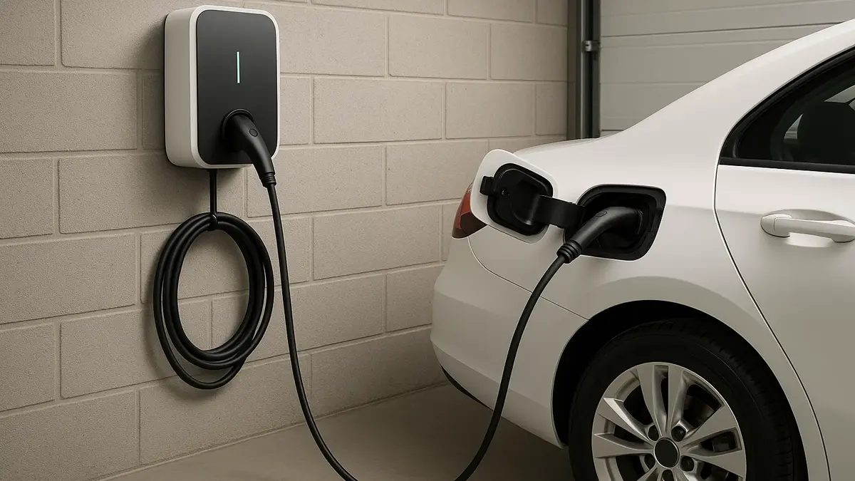 Auto elettrica in carica da wallbox domestica in un garage moderno