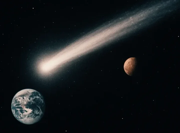Cometa luminosa con coda visibile nello spazio profondo