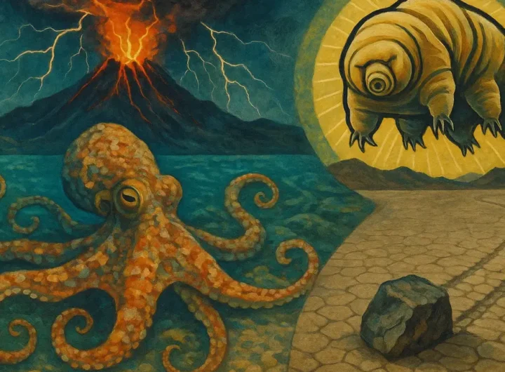 Composizione visiva che combina immagini di un polpo mimetico