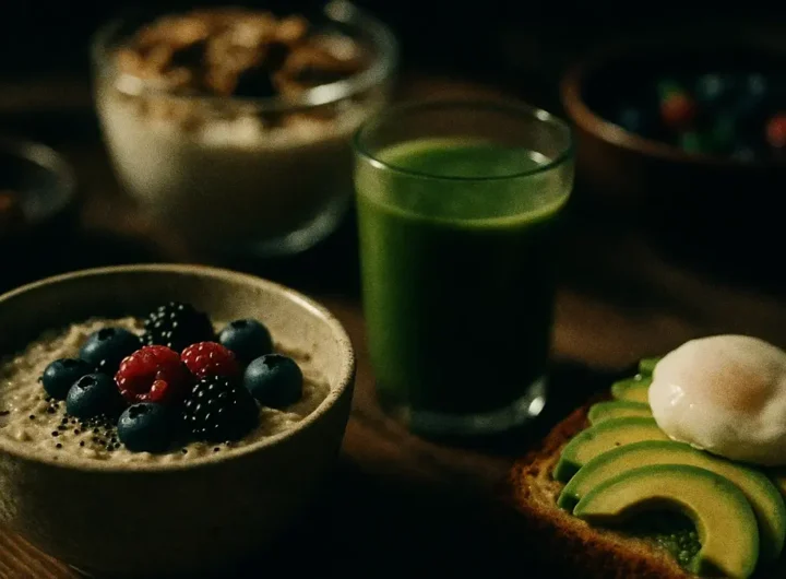 Diverse opzioni di colazione sana e veloce disposte su un tavolo di legno chiaro