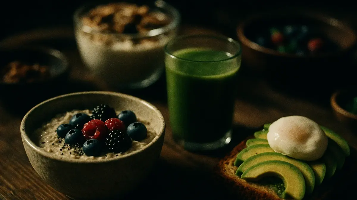 Diverse opzioni di colazione sana e veloce disposte su un tavolo di legno chiaro
