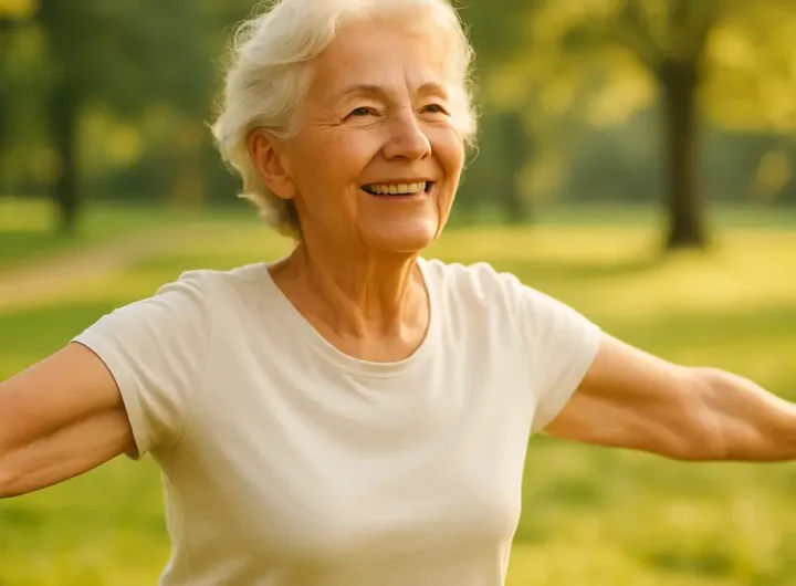 Donna anziana sorridente e in salute che pratica yoga aperto