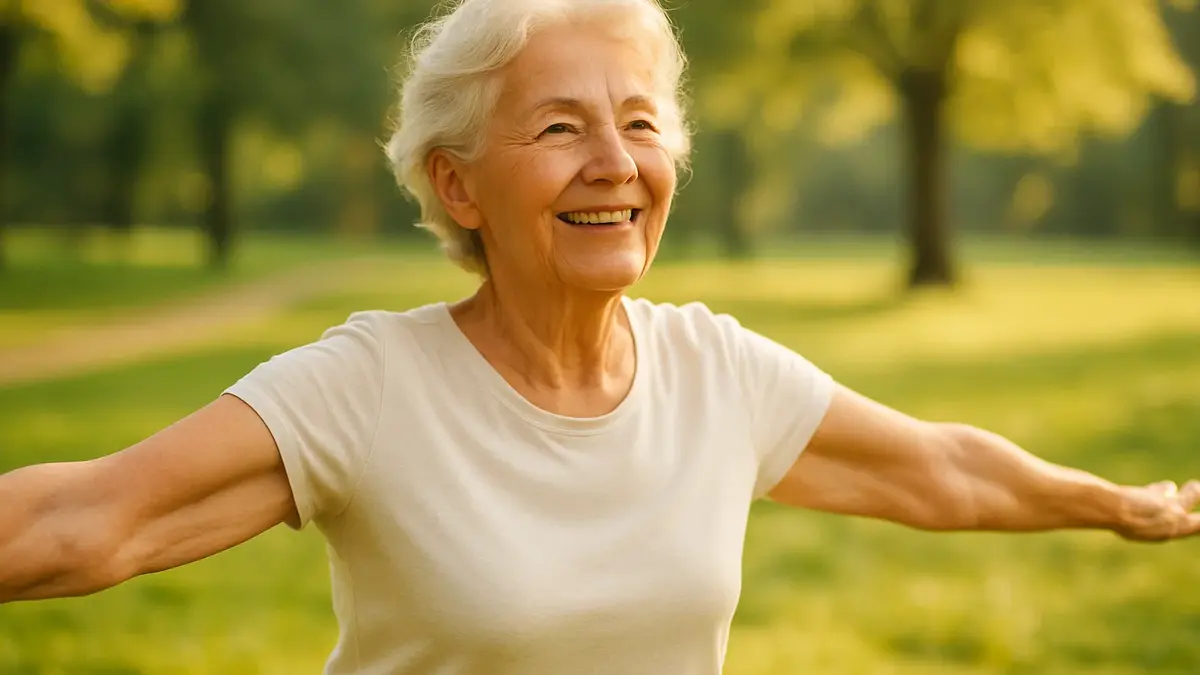 Donna anziana sorridente e in salute che pratica yoga aperto