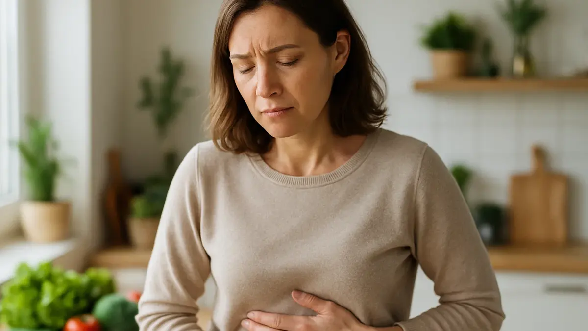 Donna con mano sulla pancia che esprime disagio