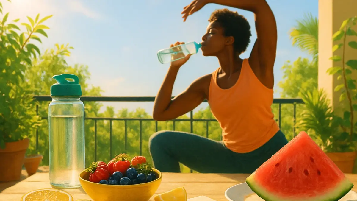 Donna sorridente che beve acqua e fa stretching aperto in estate