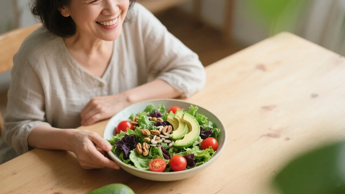 Donna sorridente che mangia insalata fresca con verdure