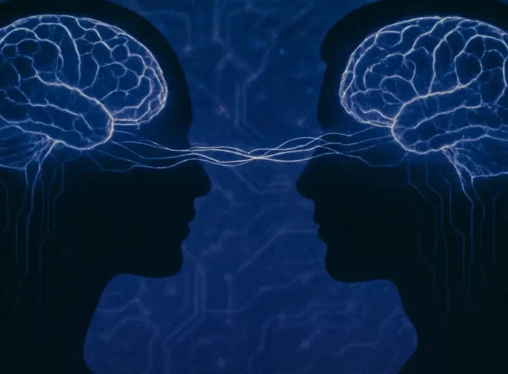 Due profili di teste umane stilizzate con fasci di luce che collegano i loro cervelli