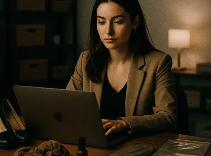 Giovane donna seduta al computer con oggetti personali sul tavolo