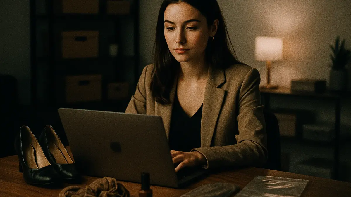 Giovane donna seduta al computer con oggetti personali sul tavolo