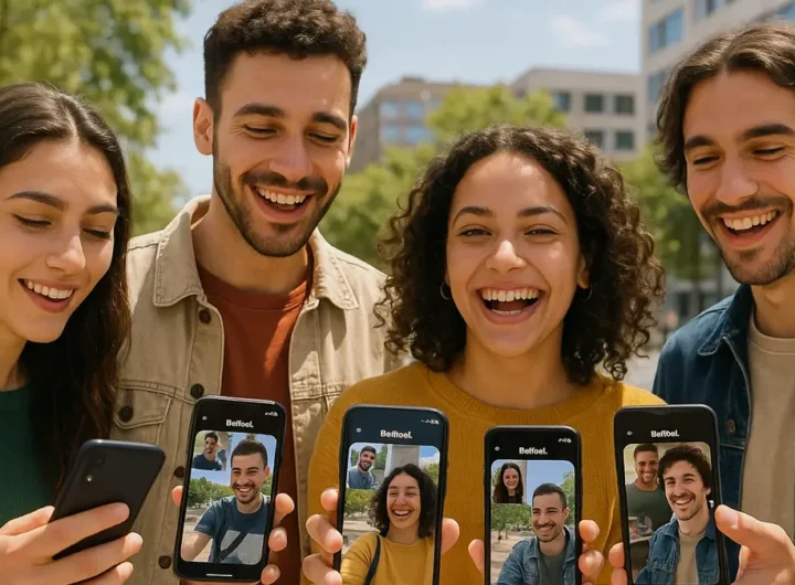 Giovani italiani che ridono e interagiscono con i loro smartphone