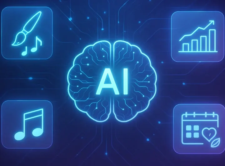 Illustrazione concettuale di intelligenza artificiale futuristica che si connette a icone di produttività