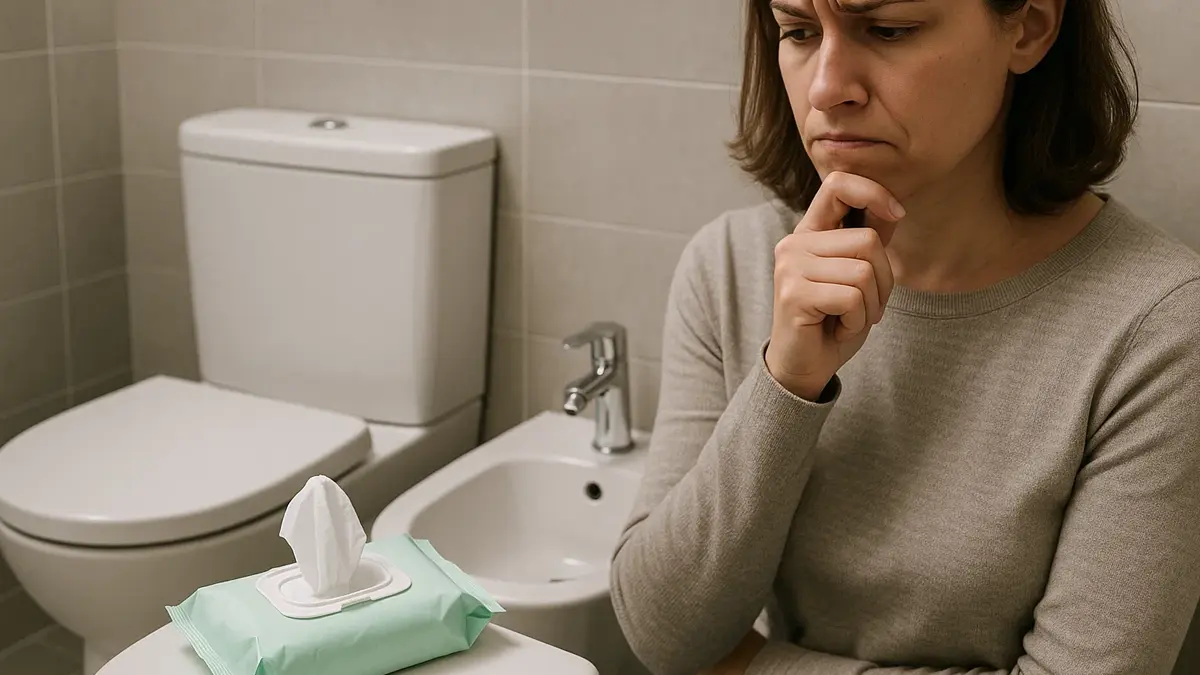 Illustrazione di una persona che osserva con dubbio una confezione di salviettine nel bagno