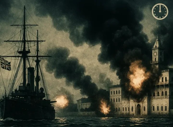 Illustrazione storica delle navi da guerra britanniche che bombardano il palazzo di Zanzibar