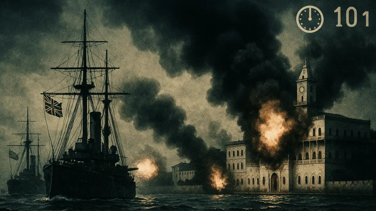 Illustrazione storica delle navi da guerra britanniche che bombardano il palazzo di Zanzibar