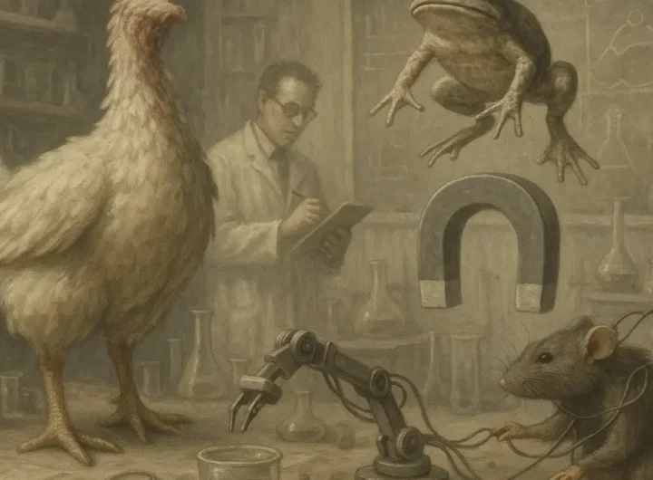 Laboratorio scientifico surreale con esperimenti bizzarri