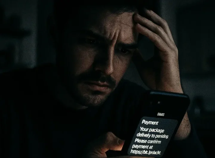 Persona al computer che riceve un SMS truffaldino sullo smartphone