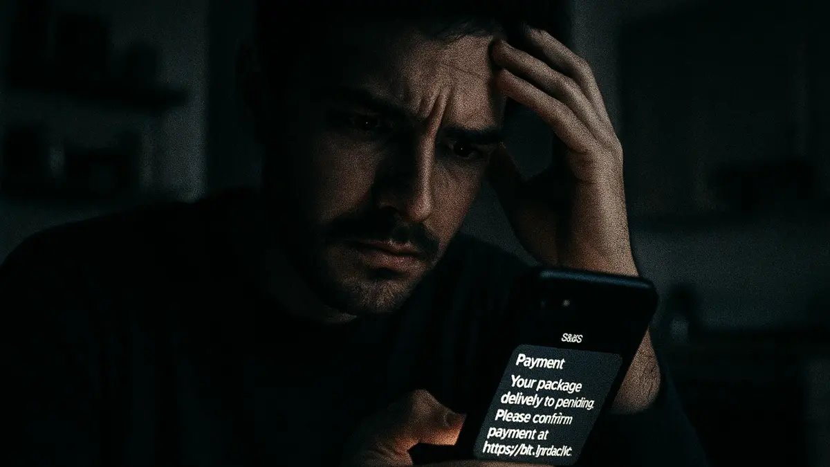 Persona al computer che riceve un SMS truffaldino sullo smartphone