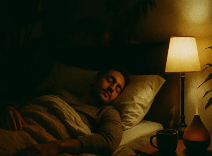 Persona che dorme serenamente grazie a rimedi naturali in una stanza rilassante