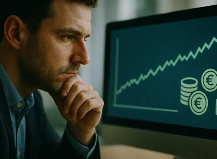 Persona che osserva un grafico finanziario con frecce che indicano crescita e stabilità