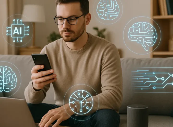 Persona immersa nella vita quotidiana con elementi digitali invisibili