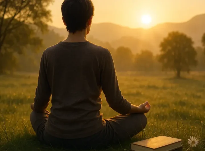 Persona seduta in meditazione alba circondata dalla natura