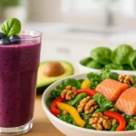 Piatto colorato di smoothie e insalata con ingredienti anti-età