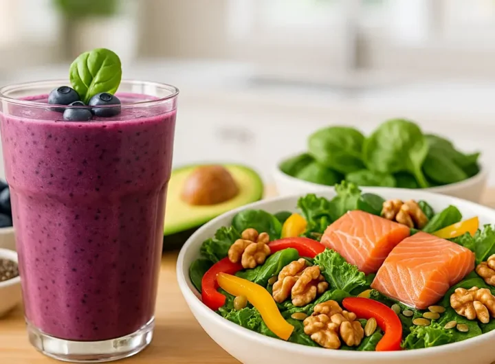 Piatto colorato di smoothie e insalata con ingredienti anti-età