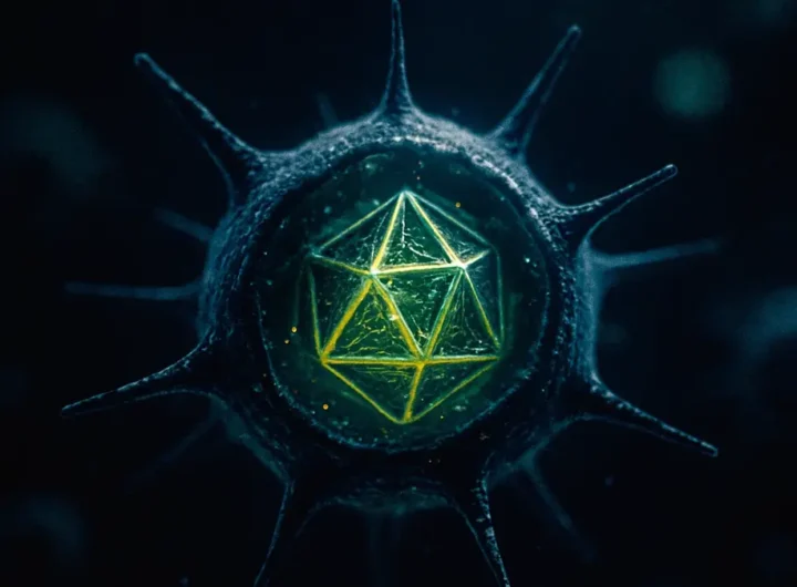 Primo piano di un microrganismo stilizzato al microscopio con elementi che richiamano sia una struttura virale che cellulare