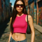 Ragazza con top corto e jeans a vita bassa in stile anni 2000