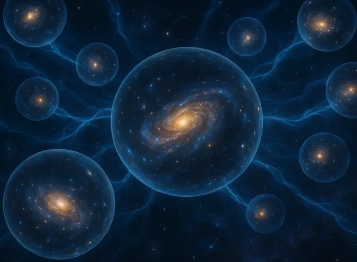 Rappresentazione artistica di più universi sovrapposti o connessi tra loro nello spazio