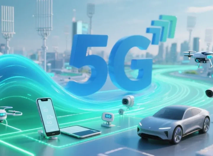 Rappresentazione stilizzata delle onde del 5G che collegano vari dispositivi