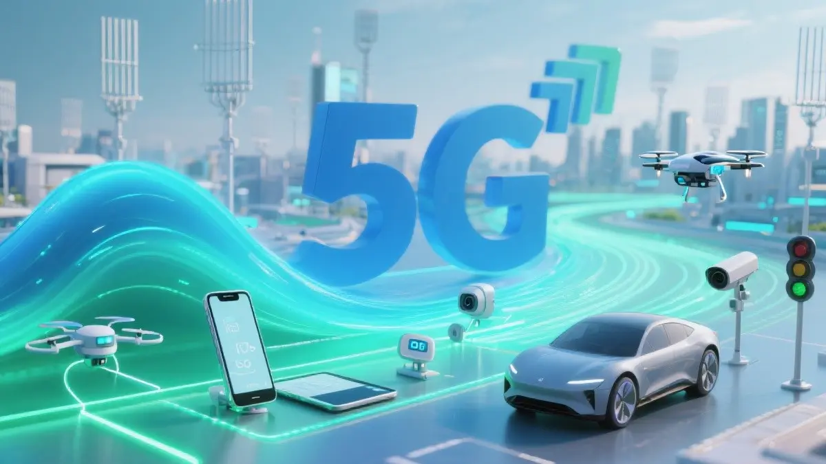 Rappresentazione stilizzata delle onde del 5G che collegano vari dispositivi