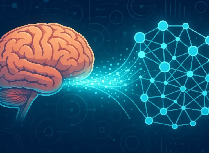 Rappresentazione visiva di un cervello e una rete neurale artificiale connessi in uno spazio condiviso