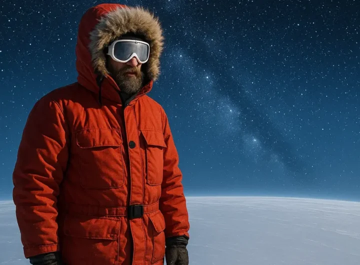 Ricercatore al Polo Sud in piedi con il cielo australe alle spalle