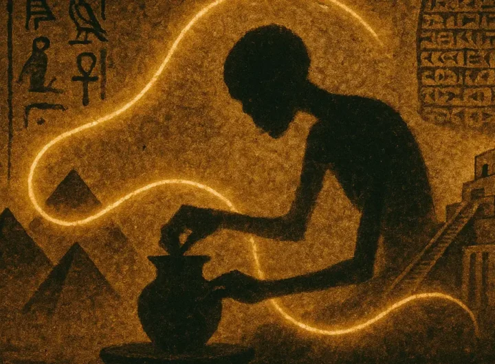 Ricostruzione artistica di un vasaio dell'antico Egitto al lavoro