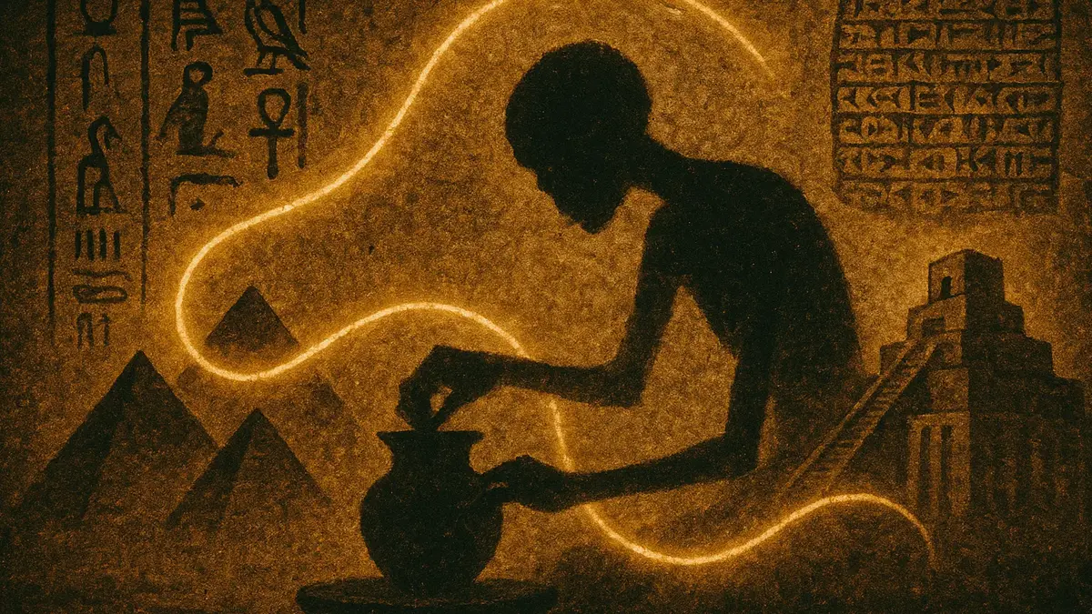 Ricostruzione artistica di un vasaio dell'antico Egitto al lavoro