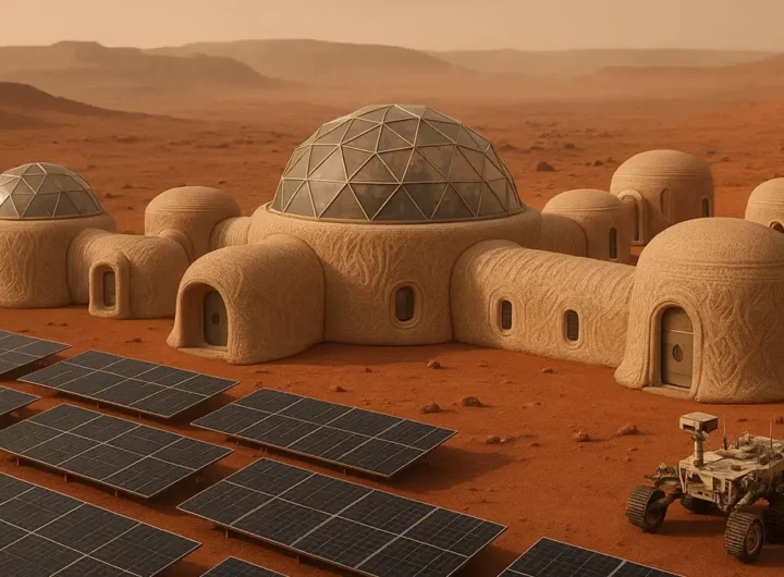 Ricostruzione artistica di una colonia marziana con edifici stampati in 3D