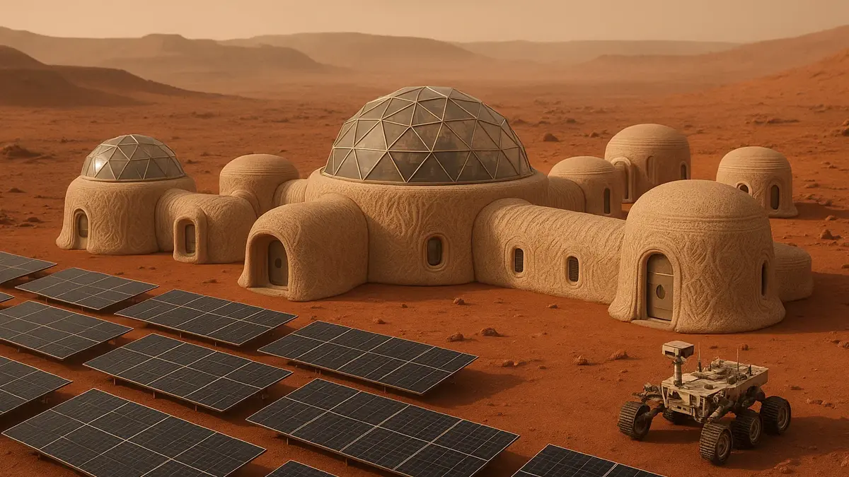 Ricostruzione artistica di una colonia marziana con edifici stampati in 3D