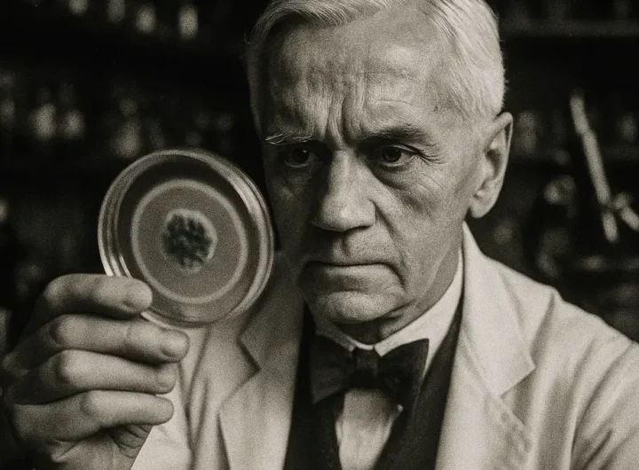 Ritratto di Alexander Fleming che osserva una piastra di Petri con una muffa e un alone di inibizione batterica