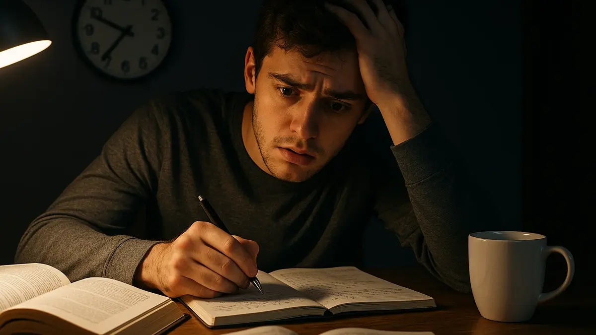 Studente teso con libri aperti e orologio sullo sfondo mentre cerca di concentrarsi durante la sera prima di un esame
