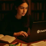 Studentessa al computer che usa ChatGPT per studiare, con libri e appunti accanto