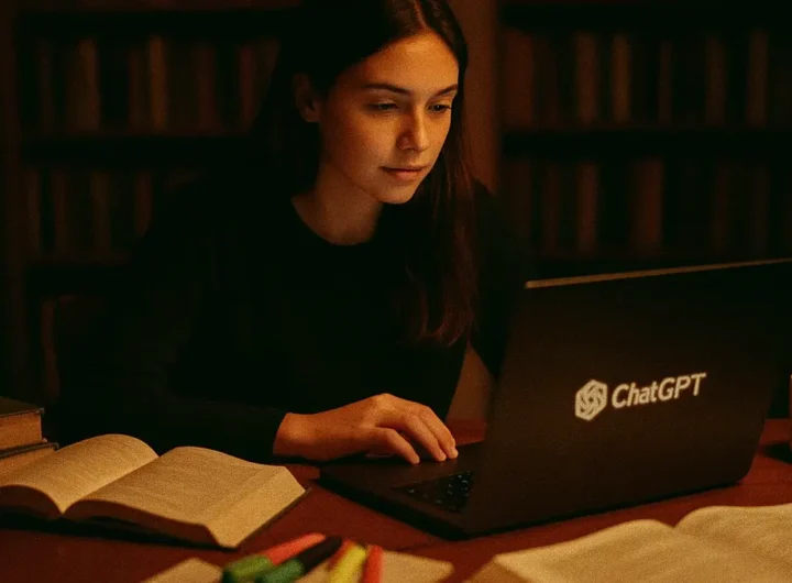 Studentessa al computer che usa ChatGPT per studiare, con libri e appunti accanto