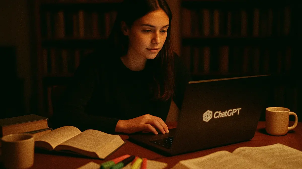 Studentessa al computer che usa ChatGPT per studiare, con libri e appunti accanto