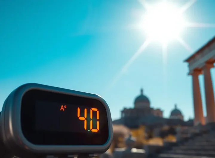 Termometro che indica temperature estreme con il sole cocente sullo sfondo e una persona che cerca riparo all'ombra in un paesaggio greco